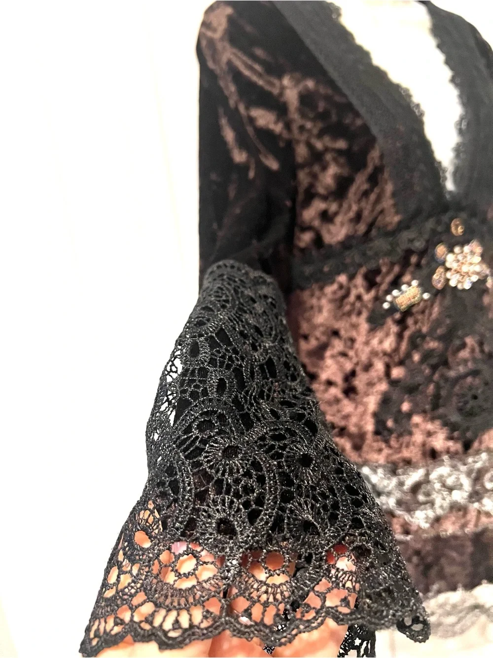 Passion Concept-Deep Purple/Black Beaded Velvet Lace V-Neck Tunic Blouse-Long Sl